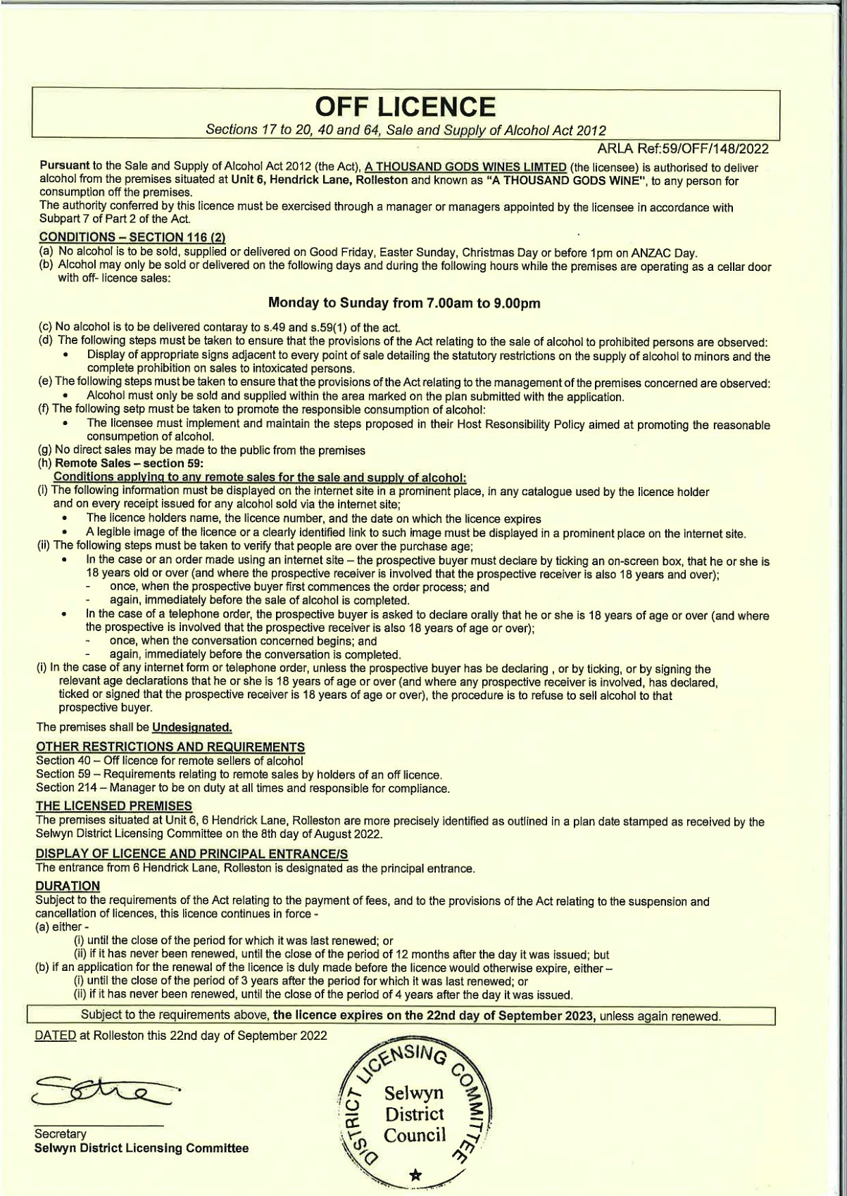 Liquor Licence A Thousand Gods Wines